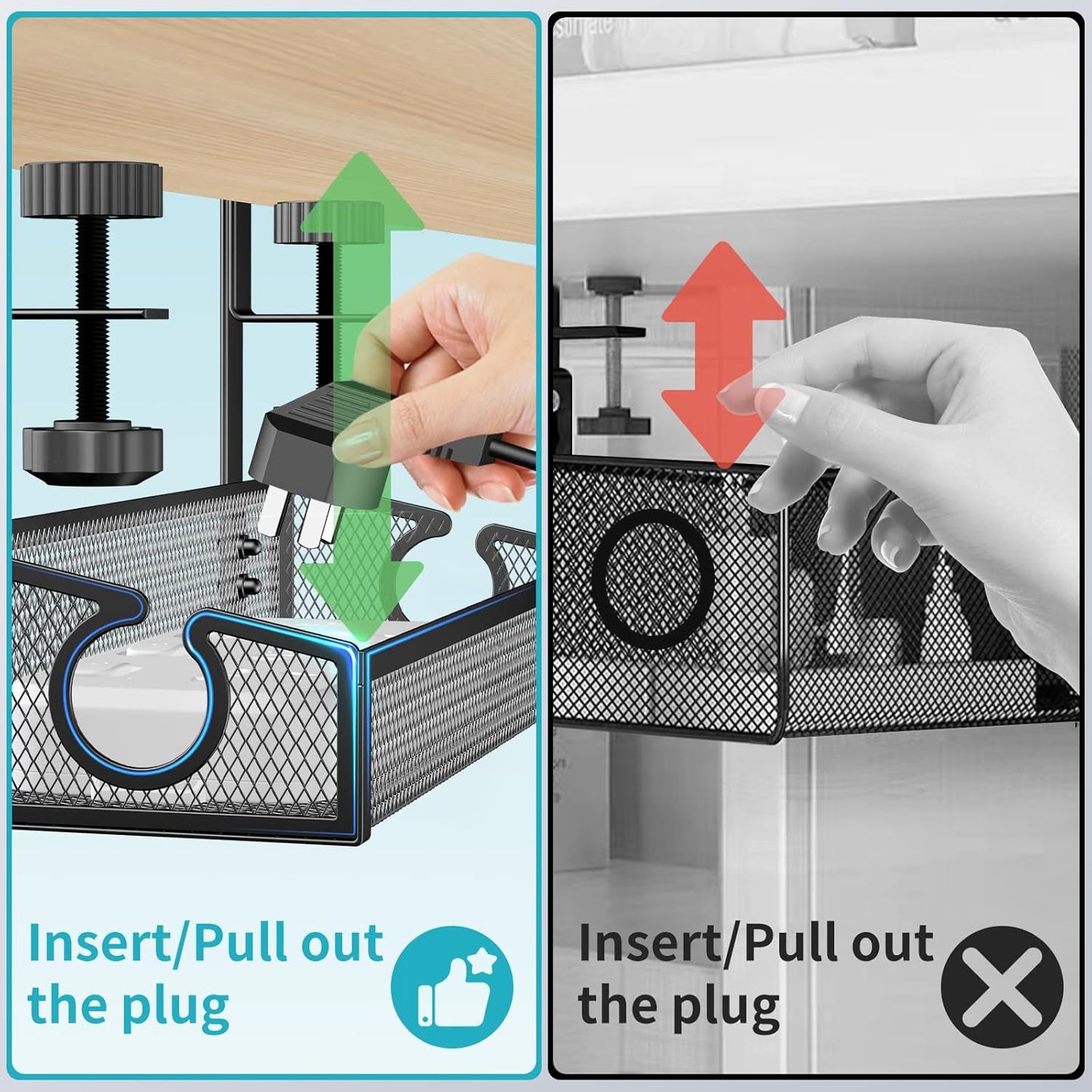 Under Desk Cable Management Tray Black, No Drill Desk Cable Wire Management Organizer with Clamp, PC Cord Organizer Accessories & Workspace for Office, Home