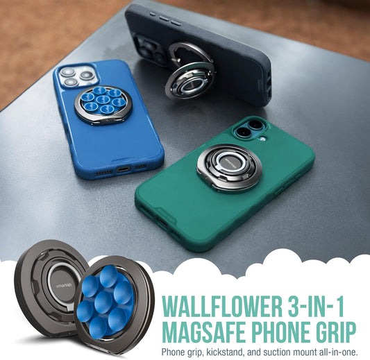 Smartish® MagSafe Suction Mount - WallFlower - 3 in 1 Reversible Magnetic Phone Grip Finger Loop, Suction Mount, Kickstand w/Universal MagSafe Adapter Kit for Apple iPhone - Blues on The Green