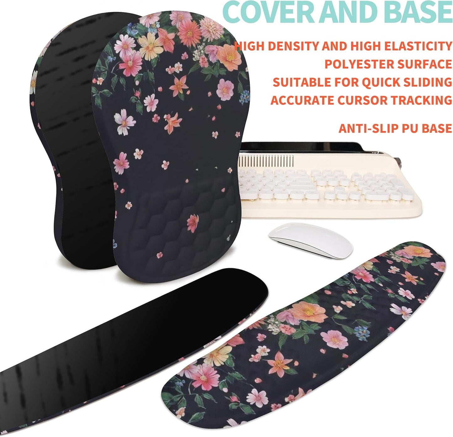 2-in-1 Ergonomic Set, Wave Rise Keyboard Wrist Rest and Massage Bulge Slope Mouse Pad Wrist Support, Cushion Memory Foam Integrated to Relieve Wrist Pain, Flower Dance