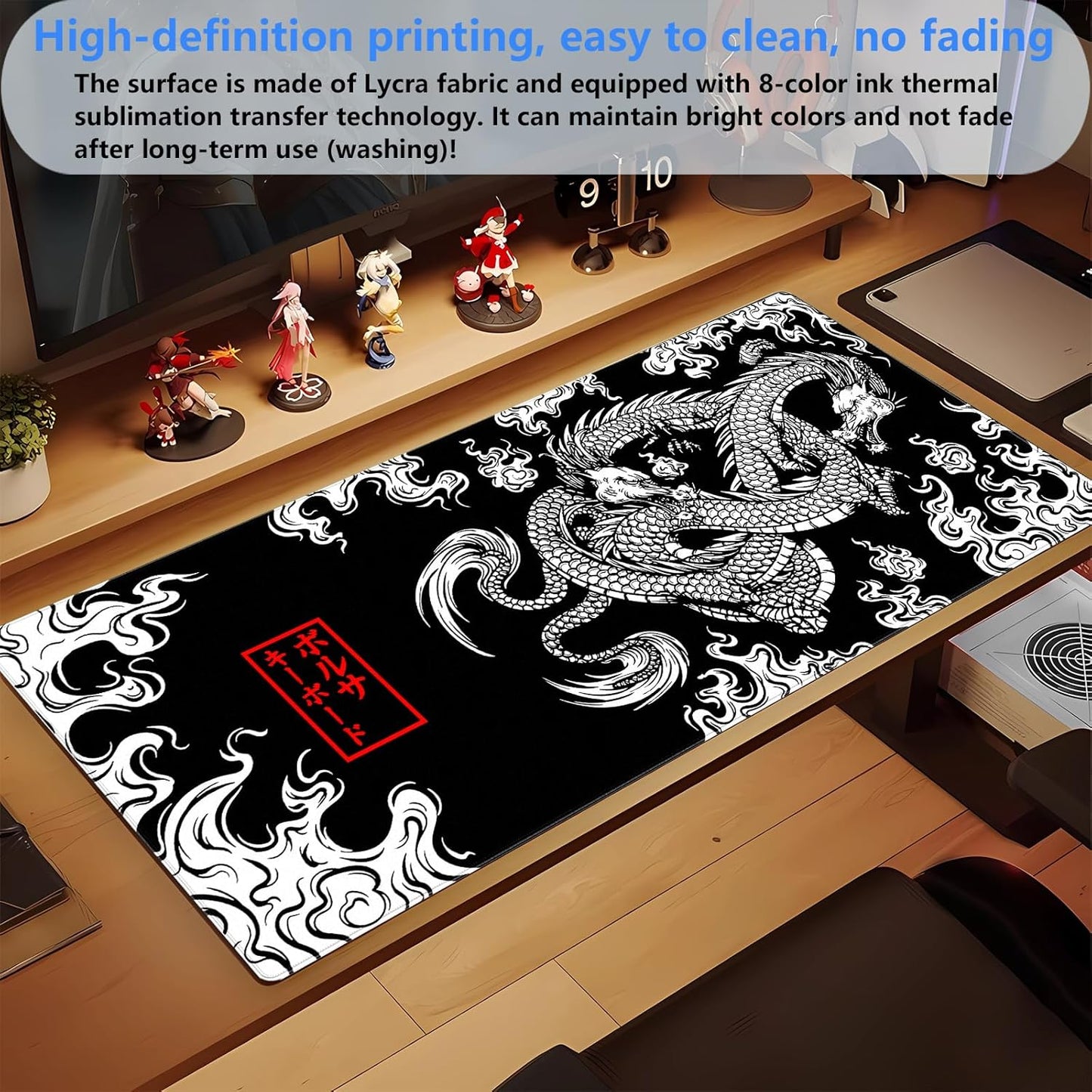 Black and White Mouse Pad Extra Large Gaming Mousepad XL Dragon Desk Mats Japanese Full Desk Keyboard Mat Computer Pad Desk Matt with Stitched Edges Non-Slip Desktop Mat 31.5 x15.7 in