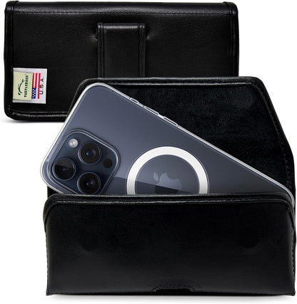 Turtleback Belt Holder for iPhone 16 Pro Max, 15 Pro Max, 14 Pro Max -Small- Fits w/Slim MagSafe Style Cases, Premium Black Leather Horiz. Belt Holster, Magnetic Closure, Leather Wrapped Clip