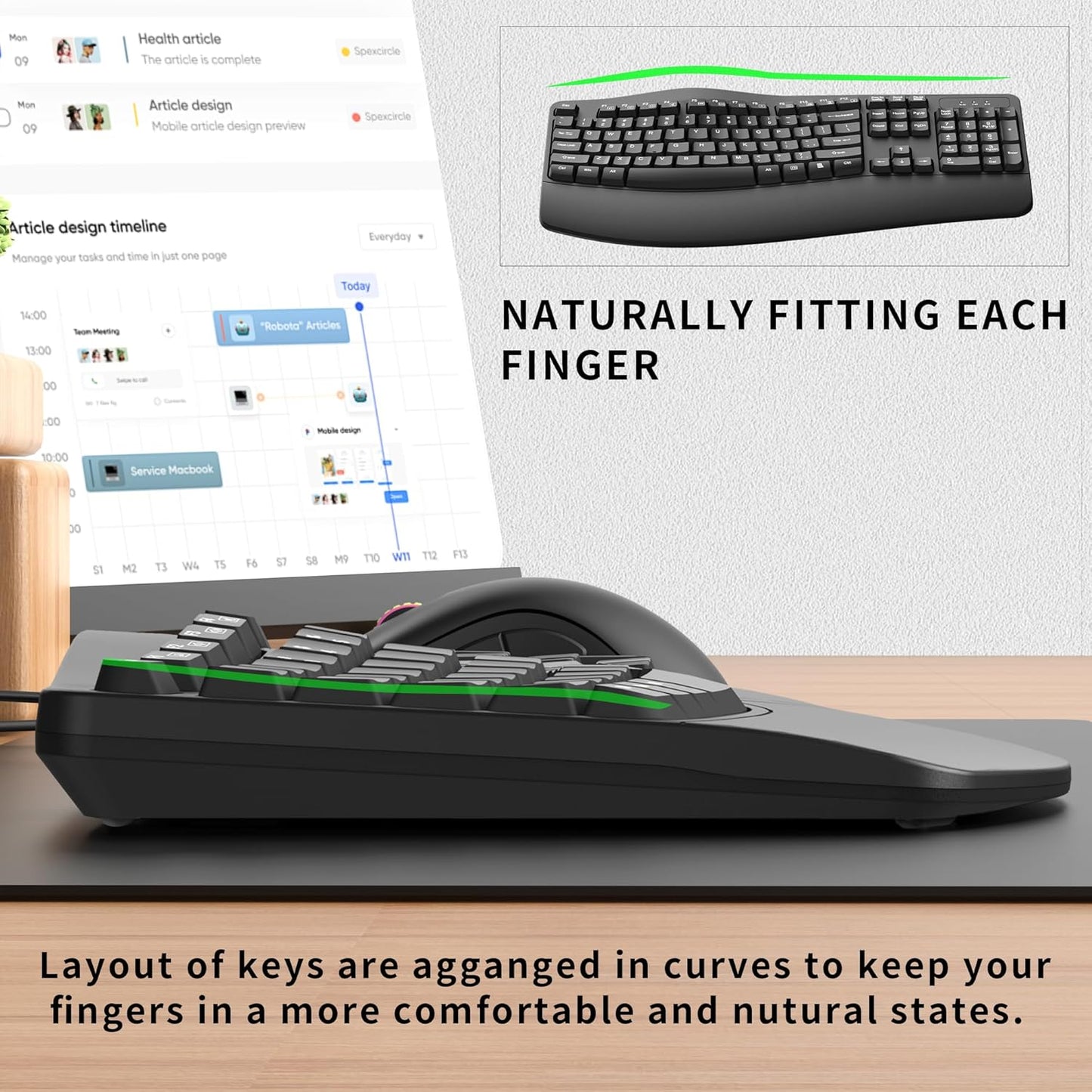 Ergonomic Keyboard, Wired Computer USB Keyboard with Wrist Rest, Spill-Resistant, Wave Keys for Natural Typing, Compatible with Windows/PC/Laptop(Black)