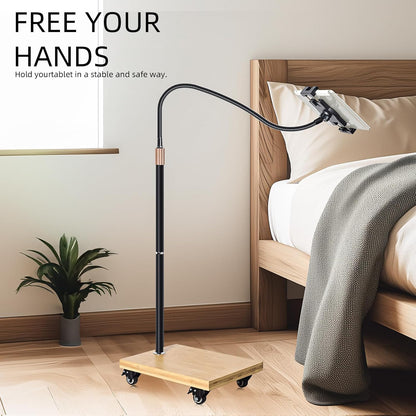 wishacc Tablet Floor Stand with Adjustable Gooseneck Mount, Swivels and Wheels for Bedside, Compatible with iPad, Galaxy Tab, Kindle and Phones