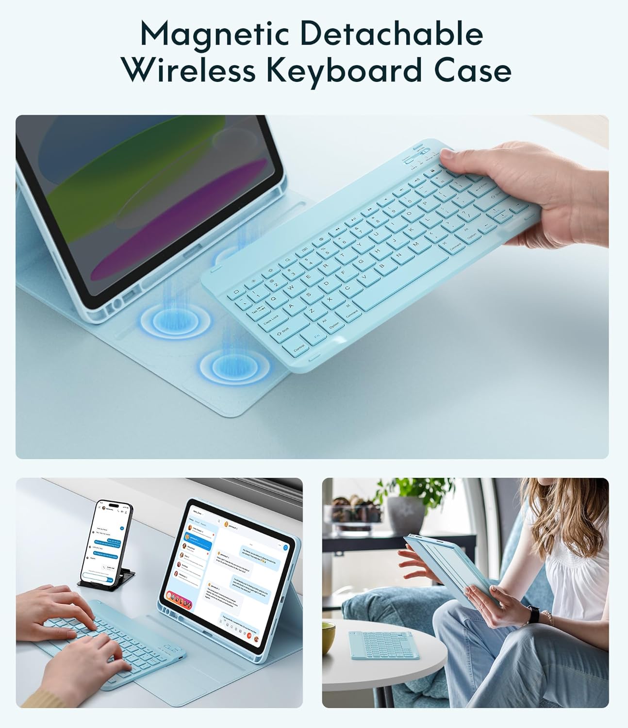 CHESONA Keyboard Case for iPad (A16) 11th/10th Generation (2025/2022), Detachable Wireless Keyboard, Stand Folio Keyboard Cover with Pencil Holder, Thin & Light (Light Blue)