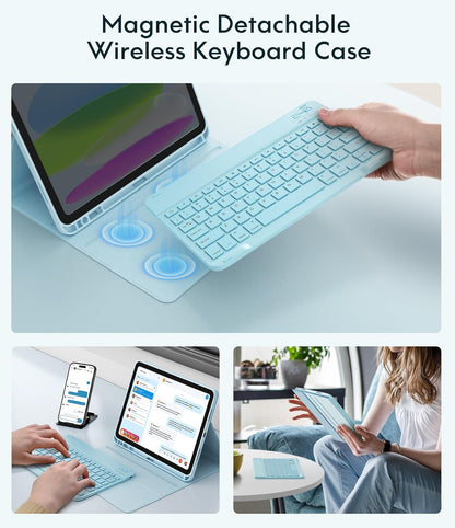 CHESONA Keyboard Case for iPad (A16) 11th/10th Generation (2025/2022), Detachable Wireless Keyboard, Stand Folio Keyboard Cover with Pencil Holder, Thin & Light (Light Blue)