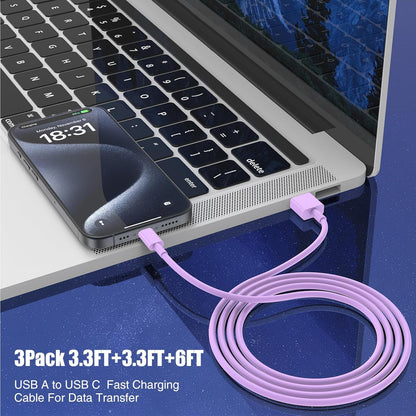 3-Pack Purple [3.3FT+3.3FT+6FT] USB A to USB C Cable，USB to USB C Car Carplay Cable for iPhone 16 15 Pro Plus Pro Max，for iPad Pro/Air/Mini，for Samsung S24/S23/S22/S21，for MacBook Pro/Air and More