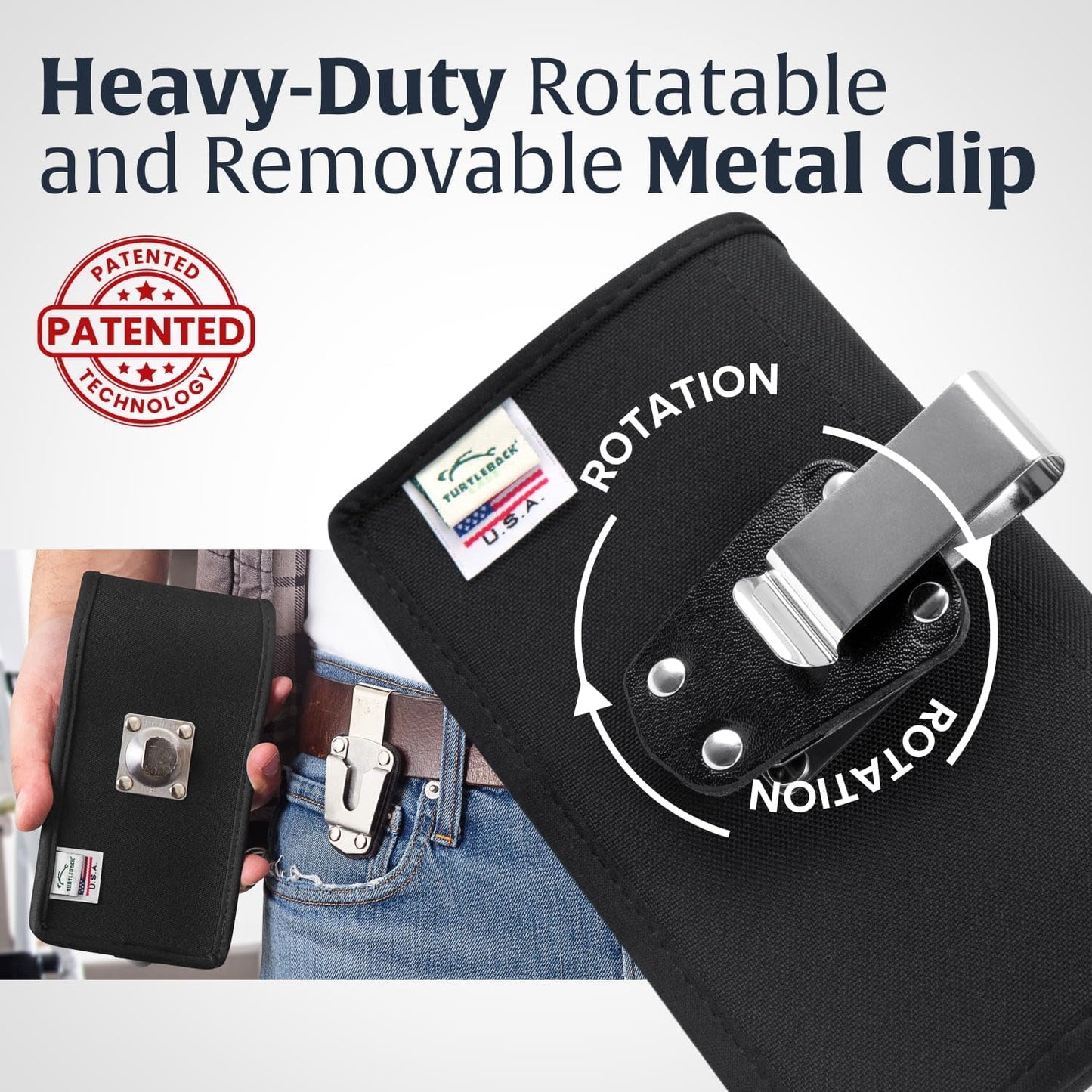 Turtleback Belt Clip for iPhone 16 Pro, 16e, 15 pro 14 Pro 13 Pro -Large- Fits w/Defender Bulky Style Cases, Premium Black Nylon, Horizontal Belt Holder, Magnetic Closure HD Rotating Belt Clip