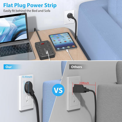 10 Ft Extension Cord Surge Protector, SMNICE 8 Widely Spaced Outlets and 6 USB (1 USB C) Charging Ports Flat Plug Power Strip, Desktop Power Cord for Travel Home Office Accessories Black