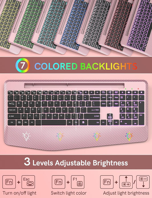 Wireless Keyboard with 7 Colored Backlits Wrist Rest, Phone Holder, Rechargeable Ergonomic Computer Keyboard with Silent Key, Full Size Lighted Keyboard for Windows, Mac, PC, Laptop (Rose gold)
