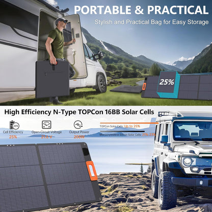 N-Type 16BB 200W Portable Solar Panel for Power Station ETFE Foldable Solar Panel High 25% Efficiency IP68 Waterproof Solar Panels Kit for Outdoor Camping RV Backuot
