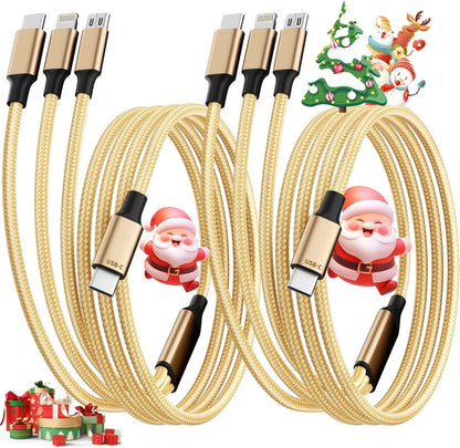 USB C Multi Charging Cable [2Pack 4FT], 3 in 1 Charging Cable Nylon Braided USB-C Multiple Charger Cord with Type-C, Micro USB and IP Port for Cell Phones and More (Golden)