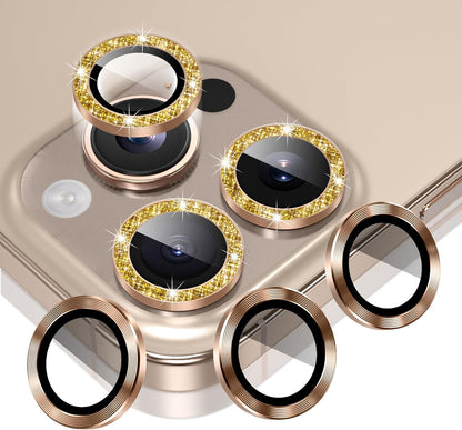 AGVEE 3+3 6 Pack for iPhone 16 Pro 6.3" / 16 Pro Max 6.9" Camera Lens Cover Protector, Bling Glitter & CD-Textured Metal Ring 9H Tempered HD Glass Camera Cover Protector Film, Glitter-Desert
