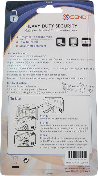 Sendt Red Notebook/Laptop Combination Lock Security Cable