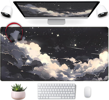 Black Anime Cloud Desk Mat XXL Large Gaming Mouse Pad Computer Laptop Mat, Extended Non-Slip Rubber Base Mousepad Keyboard and Mouse Mat, Night Sky Desk Pad with Stitched Edges, 31.5x15.75 in