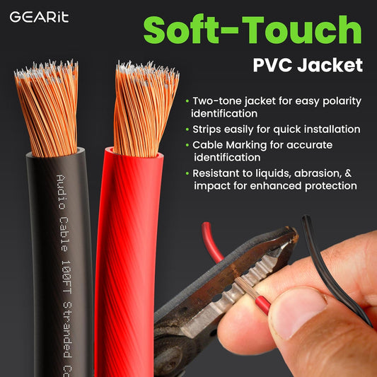 14 Gauge Car Speaker Wire, GearIT Pro Series (100 Feet, Soft Touch Translucent Red / Black) Copper Clad Aluminum CCA 14 AWG Automotive Car Speaker Wire for Car Stereo, Car Audio Wiring Kit - 100ft