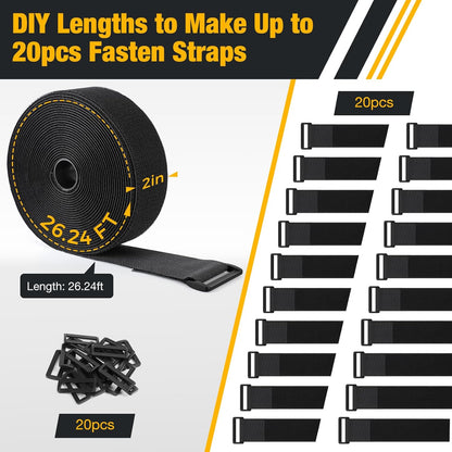 26ft x 2in Heavy Duty Cable Straps with 20pcs Plastic Buckles, Free Cut to Length Cinch Strap, Reusable & Adjustable Hook and Loop Straps for Cable Ties, Cord Organizer, Wire Management