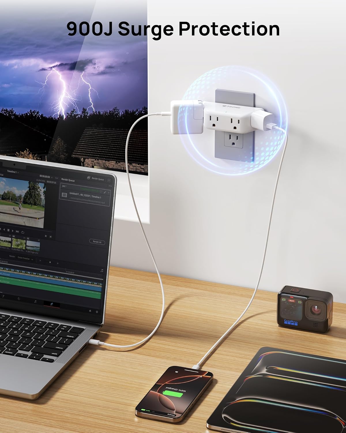 TROND Outlet Extender Surge Protector - Multi Plug Wall Outlet with 4 Grounded Sockets, 3 Way Angled Plug Adapter, 900J, Electrical Wall Splitter for Home Office Travel Dorm Room, White