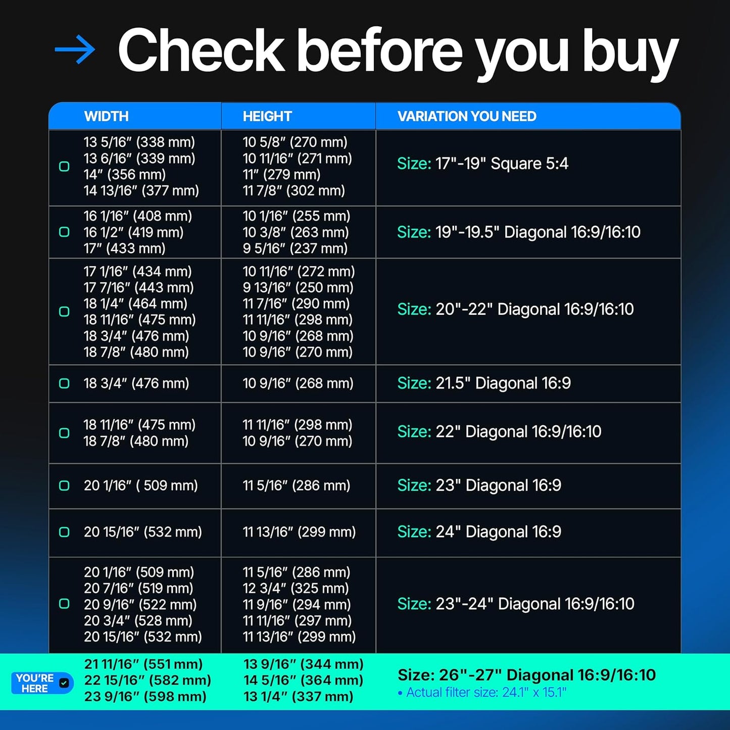 Universal Acrylic 26, 27 Inch Computer Privacy Screen Filter for Widescreen Computer Monitors - 24.1" x 15.1" (612 x 384 mm) - Monitor Frame Hanging Type