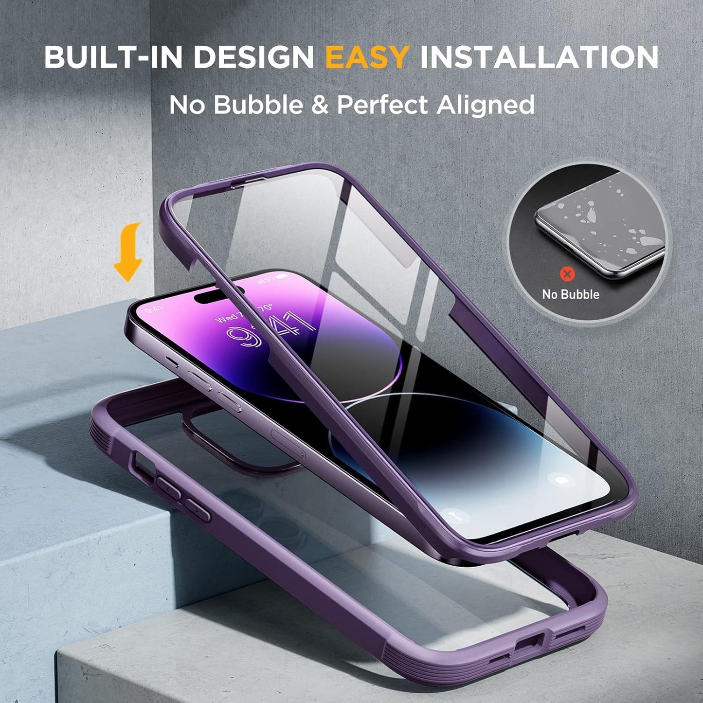 Miracase Glass Series Designed for iPhone 14 Pro Case 6.1 Inch, Upgrade Full-Body Bumper Case with Built-in 9H Tempered Glass Screen Protector, with Camera Lens Protector, Dark Purple