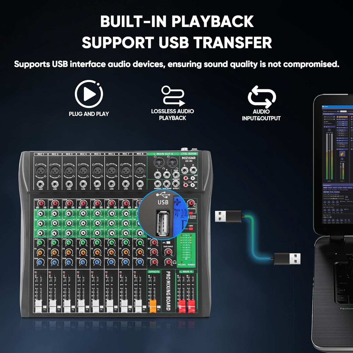 8 Channel Audio Mixer, Professional DJ Mixer Board Sound Music Mixing Console Digital Mixer with Reverb, Bluetooth, USB Port, 48V Phantom Power for Recording Karaoke Podcasting