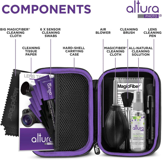 Altura Photo Professional Camera Cleaning Kit for Full Frame DSLR & Mirrorless Cameras - Lens and Sensor Cleaner - Includes Case, Spray, Swabs, Blower, Brush, Tissue Paper