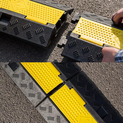 CXRCY Cable Ramp 4 Pack 2 Channel 11000lbs axle Capacity Floor Cable Cord Protector, Black & Yellow Speed Bumps Hose Protector Ramps for Wire/Hose/Pipe Hider Driveway &Outdoor 40x10x2 inch(L x W x H)