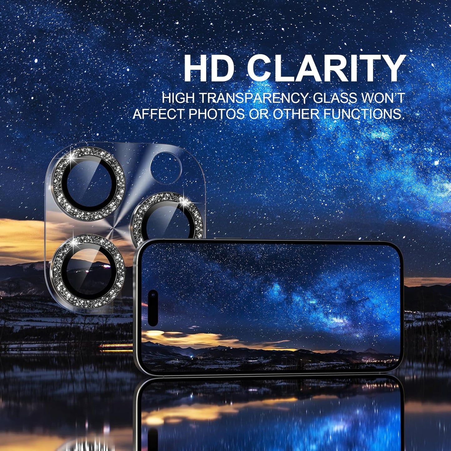 Choiche Compatible for iPhone 16 Pro/iPhone 16 Pro Max Camera Lens Protector, Bling Camera Cover with 9H Tempered Glass Lens Screen Protector Metal Ring Decoration Accessories(Clear-Black)