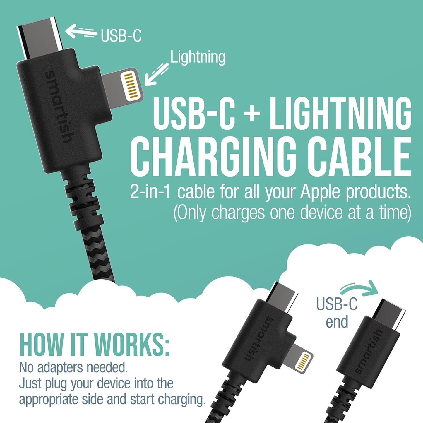 Smartish 2 in 1 USB C to USB C/Lightning Cable - Crown Joule - 6 Ft Fabric Wrapped Fast Charging Cord - for iPhone, Galaxy, Pixel - 100W Dual Fast Charger for Phones/Laptops - No. 2 Pencil Gray