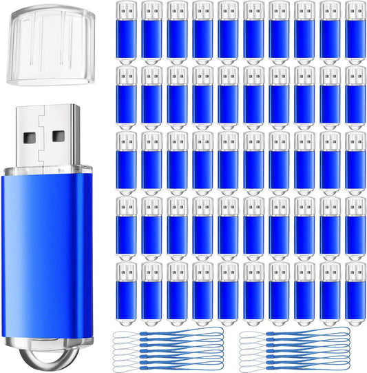 Hoteam 50 Pack USB 2.0 Flash Drives Bulk Blue Portable Thumb Drive with Hat USB Sticks Bulk with 50 Pcs Lanyards for Data Storage File Sharing Commercial Gift(2GB)