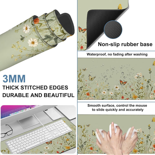 Large Mouse Pad Wildflowers Gaming Desk Pad Computer Keyboard Non-Slip Waterproof Mouse Mat with Rubber Base and Stitched Edges Entertainment Office Writing Desk Mat 35.4 x 15.7 Inches