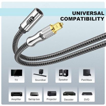 EMK Optical Cable Extension, 24K Gold-Plated Optical Audio Cable Toslink Female to Male Audio Extended Cable Compatible for Sound Bar (1.5 Feet/0.5M, Optic Extension, Silver2)