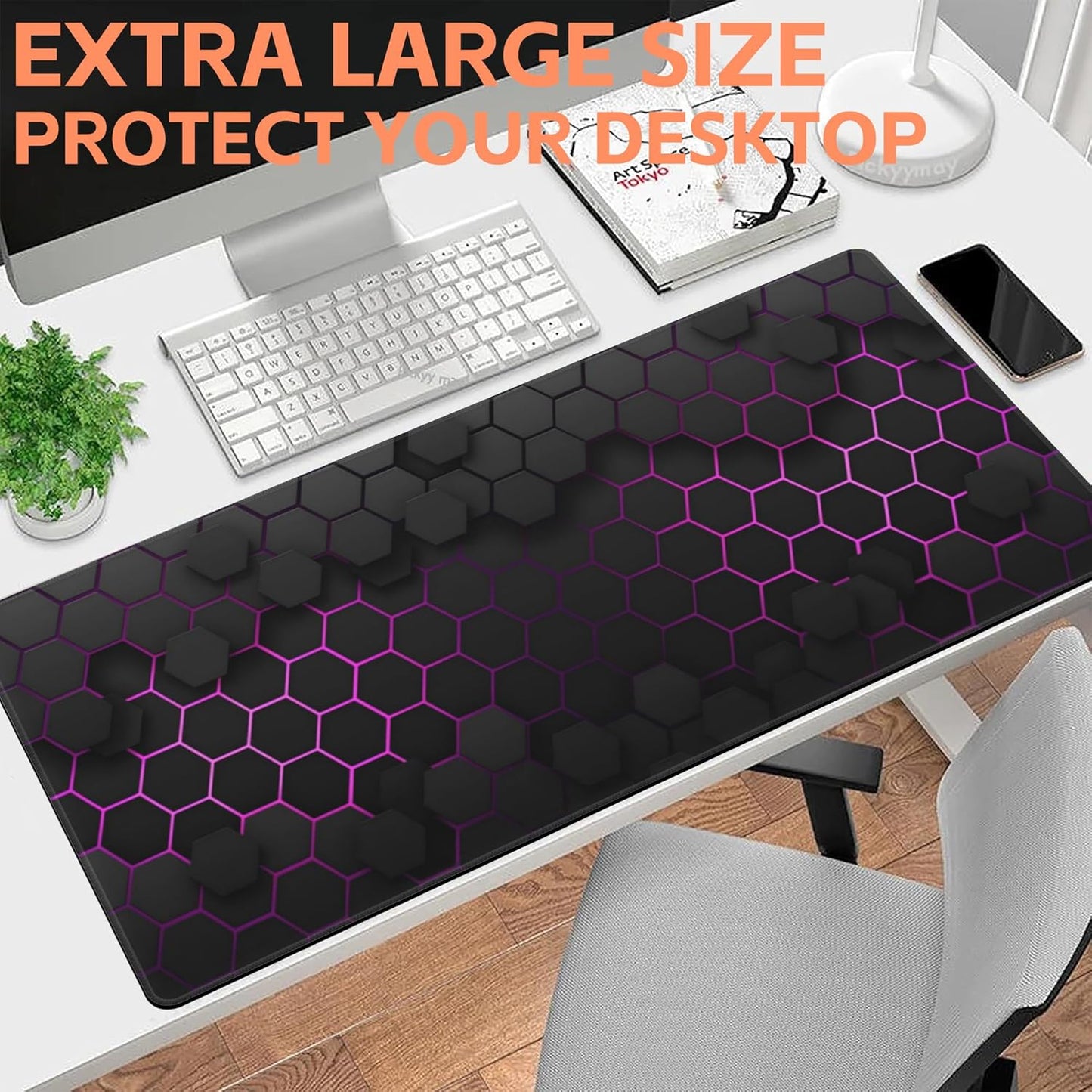 Mouse Pad Large Electric Glow Hexagonal Non-Slip Gaming Desk Mat with Stitched Edge Laptop Keyboard Desk Pad for Work Home Gaming (35.4 x 15.7 Inches)