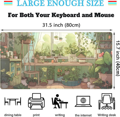 Cute Desk Mat Green Plants Gaming Mouse Pad XXL Large Extended Sage Laptop Keyboard and Mouse Mat with Stitched Edges, Computer Desktop Mat Playmat for Women Office Desk Decor Pad Mat 31.5x15.7 in