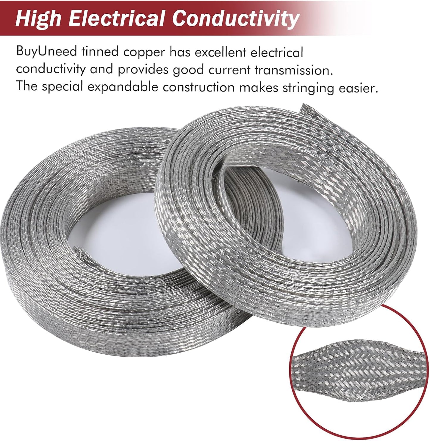 Tinned Copper Metal Braid Sleeving Wire Shielding Sleeve Braided Copper Ground Straps EMI/RFI Interference Expandable Flat Mesh Shielding Cable for Protect Wire (1/2inch-13ft)