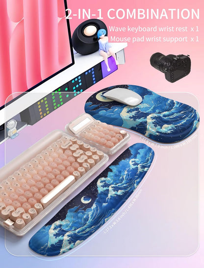 Hokafenle 2in1 Combination, Wave Keyboard Wrist Rest and Ergonomic Curvature Mouse Pad Wrist Support for Relieve Wrist Pain, Filled with Soft Cushion Memory Foam, Crescent Waves