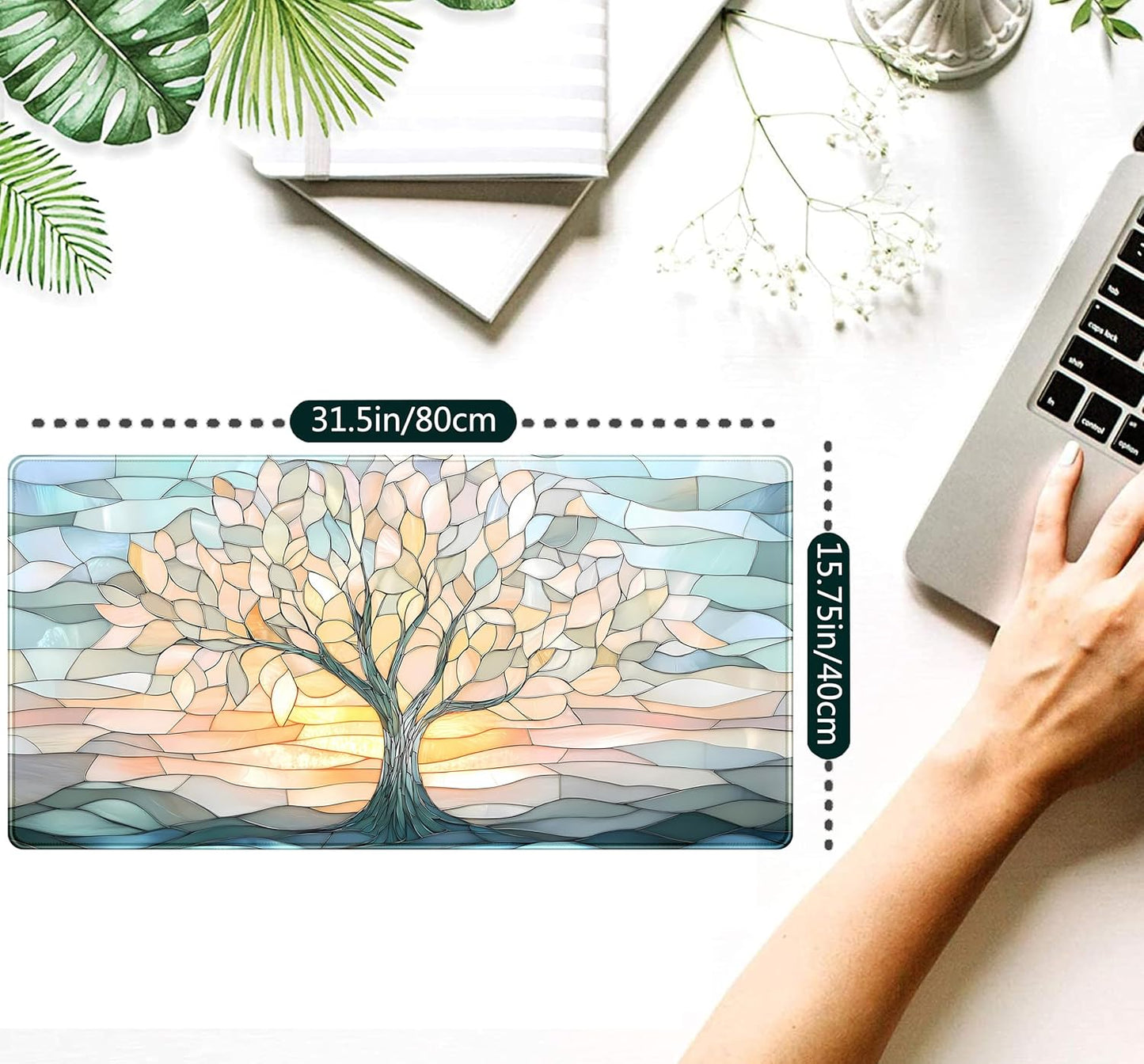 Desk Mat Cute Tree of Life Mouse Pad Gaming XXL Large Extended Desk Matt for Desktop, Faux Stained Glass Pastel Desk Pad, Laptop Computer Keyboard Mouse Mat, Office Decor Deskamt, 31.5x15.75 in