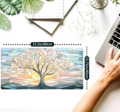 Desk Mat Cute Tree of Life Mouse Pad Gaming XXL Large Extended Desk Matt for Desktop, Faux Stained Glass Pastel Desk Pad, Laptop Computer Keyboard Mouse Mat, Office Decor Deskamt, 31.5x15.75 in