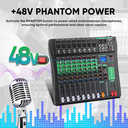 8 Channel Audio Mixer, Professional DJ Mixer Board Sound Music Mixing Console Digital Mixer with Reverb, Bluetooth, USB Port, 48V Phantom Power for Recording Karaoke Podcasting