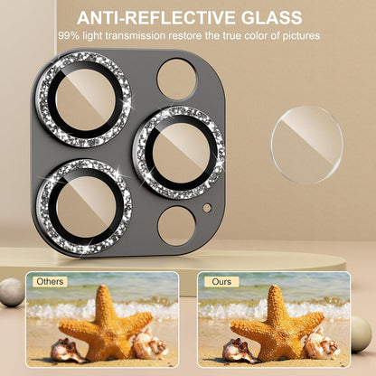 beuxece Compatible for iPhone 16 Pro/iPhone 16 Pro Max Camera Lens Protector, Bling Metal Tempered Glass Camera Screen Cover Accessories [Strong Adsorption][Case-Friendly]- Glitter Titanium Natural