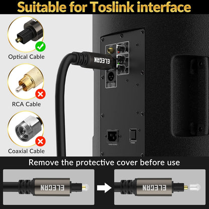 Elecan Optical Audio Cable 25 Ft Digital Audio Toslink Cable Cord-Fiber Optic-Gold Plated-Flexiable&Durable-for Home Theater,Sound Bar,PS4&Xbox-with 4 Right Angled and Mini Toslink Adapters+Ties