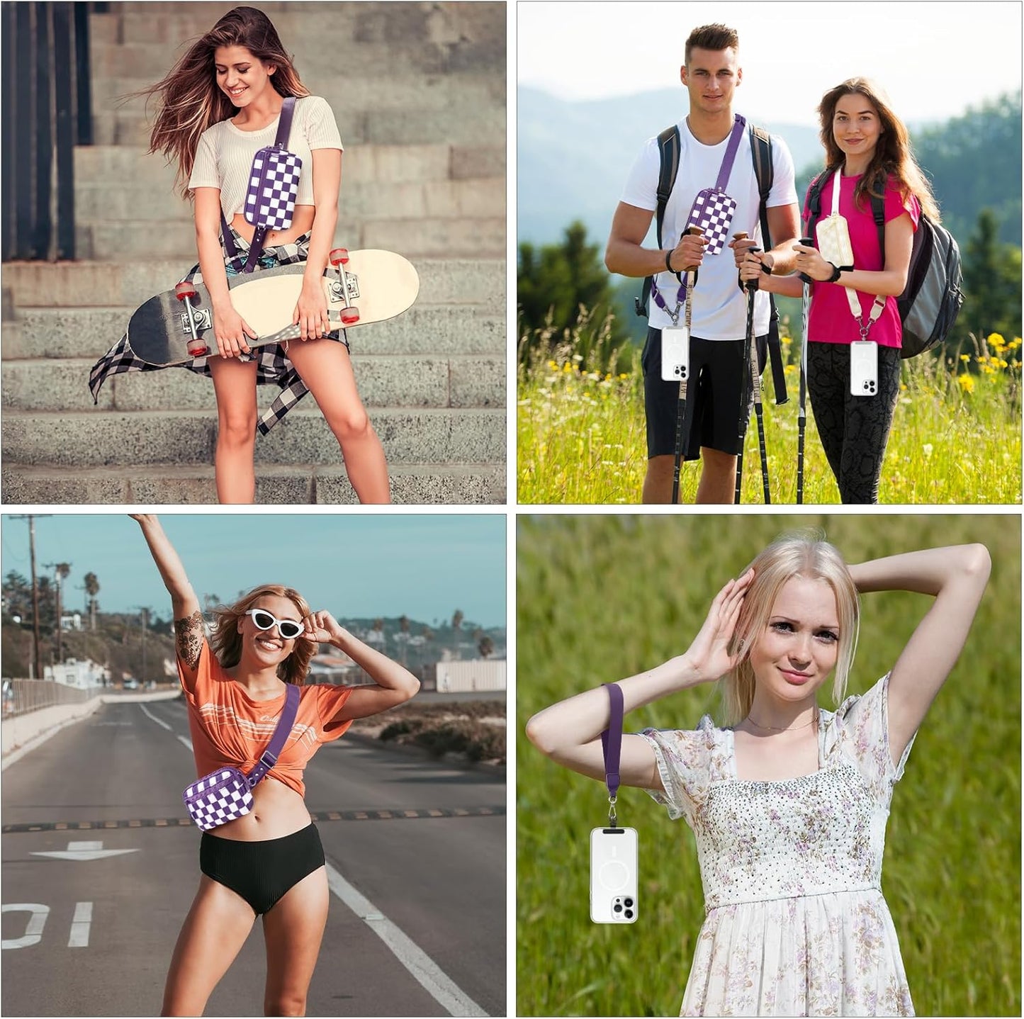 Clip and Go Strap for Phone with Wallet Crossbody, Adjustable Phone Lanyard with Detachable RFID Wristlet Wallet, Phone Strap with Phone Tabs for All Phones, Purple Checkered (L)