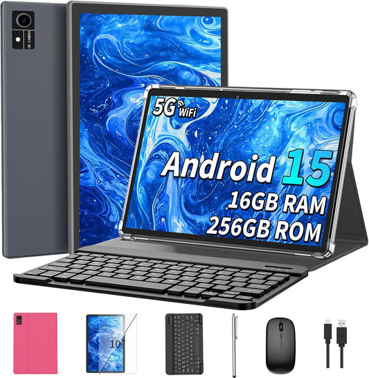 Android 15 Tablet with Keyboard, 16GB（8+8）RAM+256 Storage(Expand to 2TB), 8000mAh Battery, Widevine L1,10 Inch 2-in-1 Tablets with 5G/2.4G WiFi, BT5.0, GMS Certified, with Mouse, Case, Stylus(Pink)