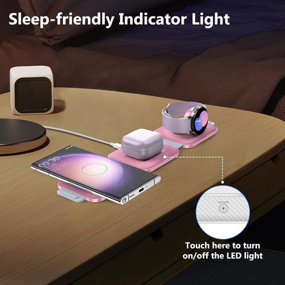 Travel Charger for Samsung Multi Devices, Foldable 3 in 1 Wireless Charging Station Fast Charging Stand/Pad Compatible for Samsung Galaxy S25/S24/S23/S22/S21/Note20 Galaxy Watch8/7/6/5/4/Galaxy Buds4