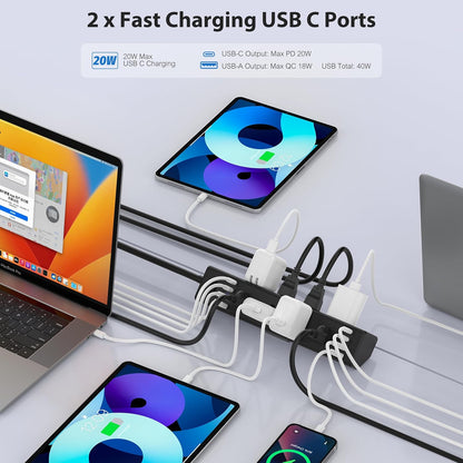 40W Fast Charging Station,Desk Clamp Power Strip 20W USB C,8 Outlets,8 USB Ports,4 USB C and 4 USB A, Office Furniture Surge Protector, 14AWG Cord, Fits 1.9" Tabletop Edge (Black, 10FT Length)