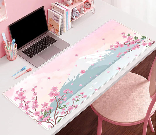 Japanese Desk Mat Pastel Pink Cherry Blossom Mouse Pad Mt Fuji Japan Large Gaming Anime Mousepad XXL 31.5x15.75 in, Kawaii Aesthetic Flower Cute Women Office Decor Computer Laptop Keyboard Mat