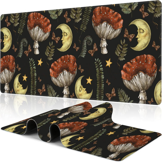 Vintage Magic Forest Desk Mat,Large Moon Amanita Mushroom and Forest Botanical Gaming Keyboard Mouse Pad,Non-Slip Rubber Base Desk Pad Thick Stitched Edges Waterproof Mousepad Mouse Mat 31.5"x11.8"