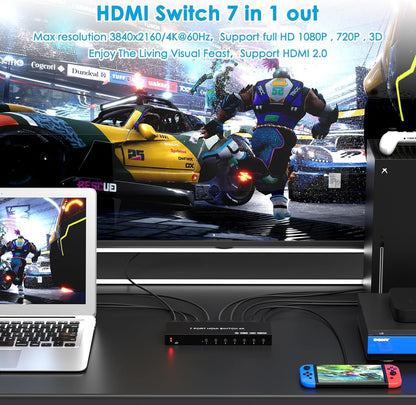 7 Way HDMI Switch 4k@60Hz HDMI Switcher 7 in 1 Out HDCP 2.0 Manual HDMI 2.0 Hub Supports 3D Compatible with Nintendo Switch/Switch OLED/Xbox/ PS5/4/3 Blu-Ray Player Fire Stick Roku Apple TV Chromeca