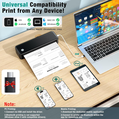 Portable Printer Wireless for Travel, Inkless Thermal Printer Supports 8.5 x 11 Inch Thermal Paper, Bluetooth Compatible with iOS, Android, Laptop Includes 2 Rolls & 10 Sheets of Paper Kit