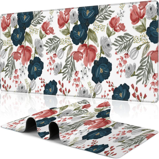 Watercolor Flowers Desk Mat,Large Colorful Floral Gaming Keyboard Mouse Pad,Non-Slip Rubber Base Desk Pad Thick Stitched Edges Waterproof Mousepad Mouse Mat 31.5"x11.8"