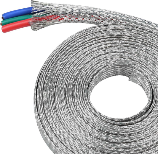 Tinned Copper Metal Braid Sleeving Wire Shielding Sleeve Braided Copper Ground Straps EMI/RFI Interference Expandable Flat Mesh Shielding Cable for Protect Wire (5/16inch-22ft)
